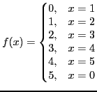$\displaystyle f(x)= \left\{
\begin{matrix}
0, & x=1 \\
1, & x=2 \\
2, & x=3 \\
3, & x=4 \\
4, & x=5 \\
5, & x=0
\end{matrix}
\right.
$